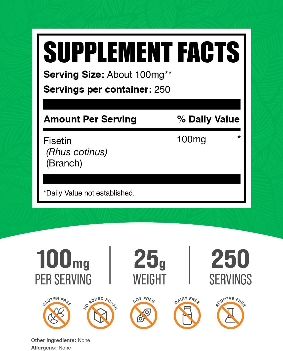 BulkSupplements Fisetina en Polvo – 100mg por dosis, 25g