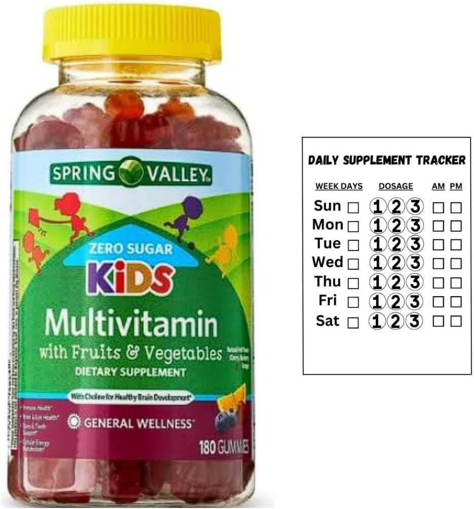 Spring Valley Gomitas Multivitamínicas Sin Azúcar para Niños, 180 Unidades + Pegatina de Seguimiento Diario