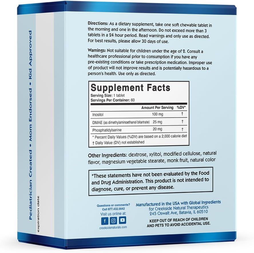 Focused Mind Jr., Apoyo Cognitivo para Niños, Formulado por Pediatras, Suplemento sin Estimulantes con Inositol y Fosfatidilserina, Sin Azúcar, Vegano, 60 Comprimidos EZ Melt