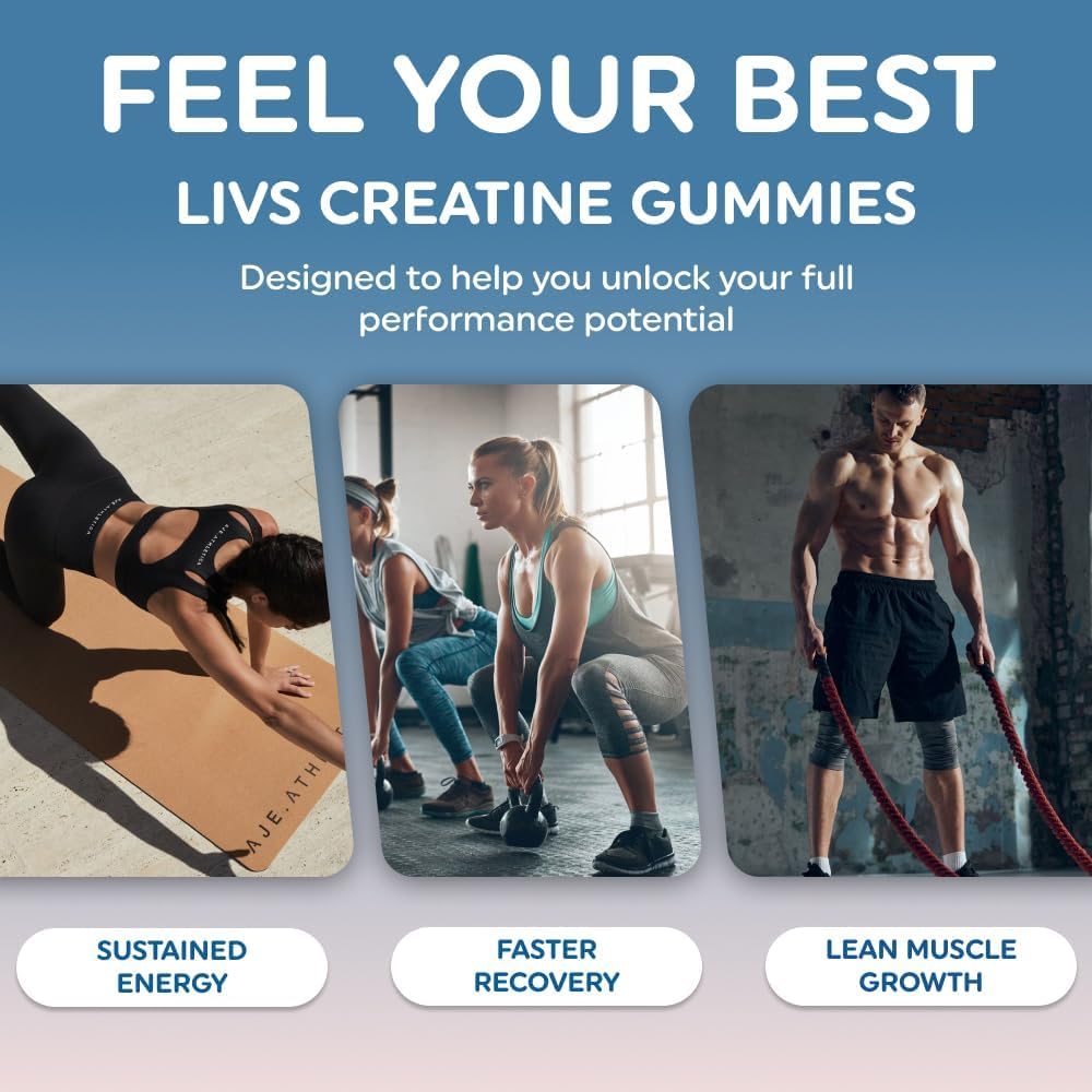 LIVS Creatine Monohydrate Gummies 5g - Suplemento Pre-Entreno para Hombres y Mujeres - Crecimiento Muscular, Fuerza y Recuperación - Vegano, Halal, Kosher, Non-GMO - Sabor Tropical Fruit Punch - 40 Gomitas