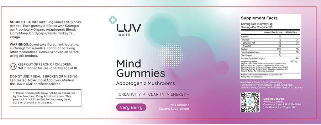 LUV health Mind Gummies – Gominolas de Hongos Funcionales para Enfoque, Energía y Apoyo Inmunológico