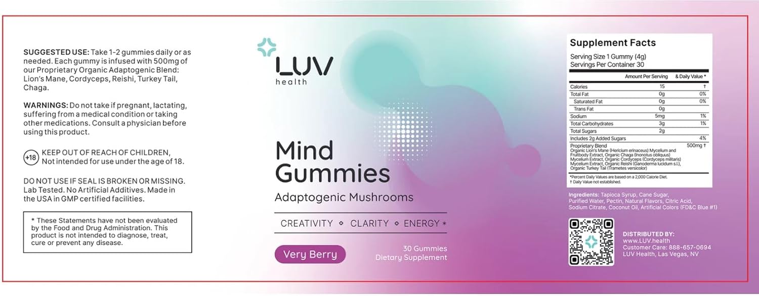 LUV health Mind Gummies – Gominolas de Hongos Funcionales para Enfoque, Energía y Apoyo Inmunológico