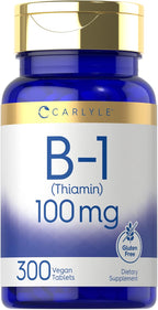 Carlyle B1 Vitamina 100 mg | 300 Comprimidos | Complemento para Mujeres y Hombres | Como Clorhidrato de Tiamina | Vegano, No Transgénico y Sin Gluten