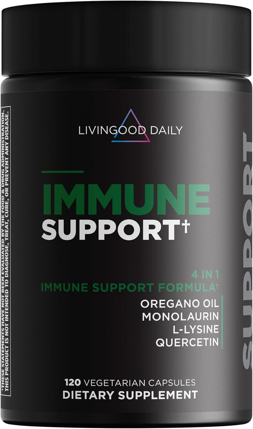 Livingood Daily Immune Support Supplement, 4 en 1 con Aceite de Orégano, Monolaurina, L-Lisina y Quercetina, 120 Cápsulas
