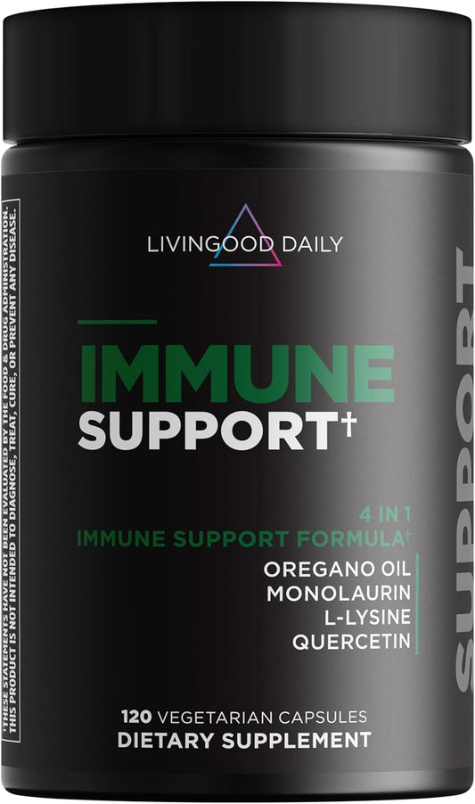 Livingood Daily Immune Support Supplement, 4 en 1 con Aceite de Orégano, Monolaurina, L-Lisina y Quercetina, 120 Cápsulas