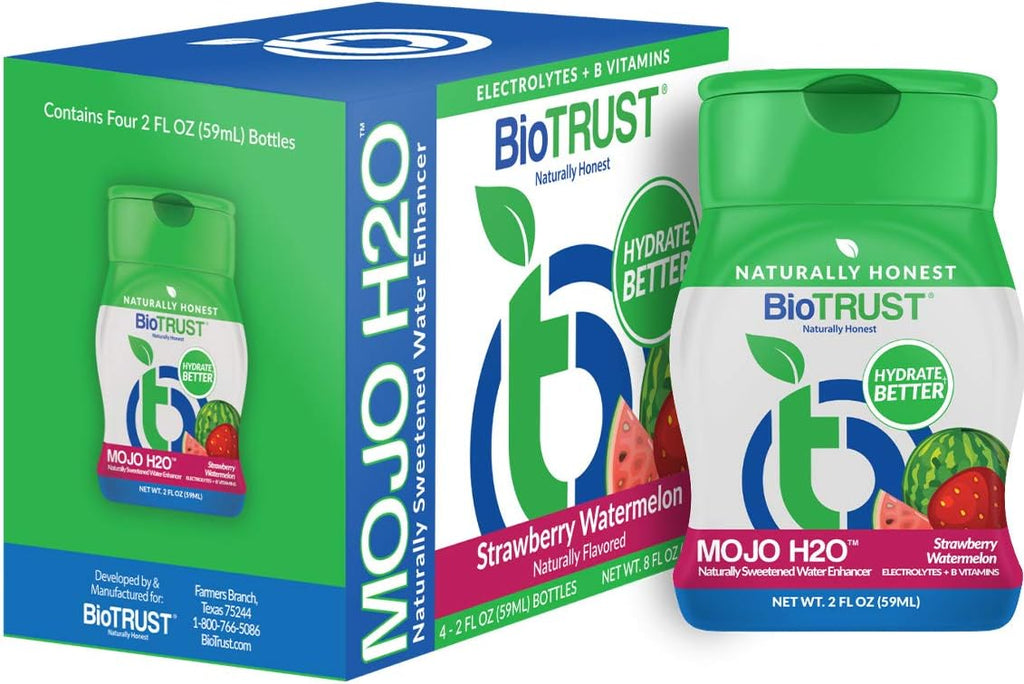 BioTrust Mojo H2O Gotas Saborizantes de Agua Naturales con Vitaminas B y Electrolitos, Sin Azúcar, Sabor Sandía y Fresa, Pack de 4