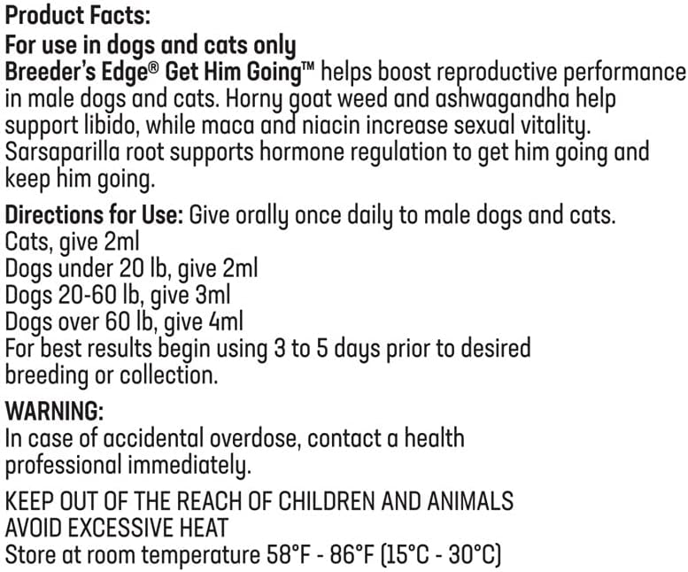 Breeder's Edge Get Him Going, Suplemento de Rendimiento Reproductivo para Perros y Gatos Machos, Apoya la Libido, Energía, Equilibrio Hormonal y Fertilidad, con Hierba de la Cabra, Maca, Ashwagandha, Fabricado en EE. UU., 30 ml