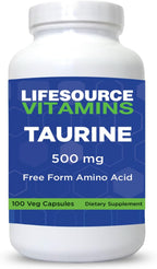LifeSource Vitamins Taurina 500 mg - Aminoácido para la Salud del Sistema Nervioso - 100 Cápsulas