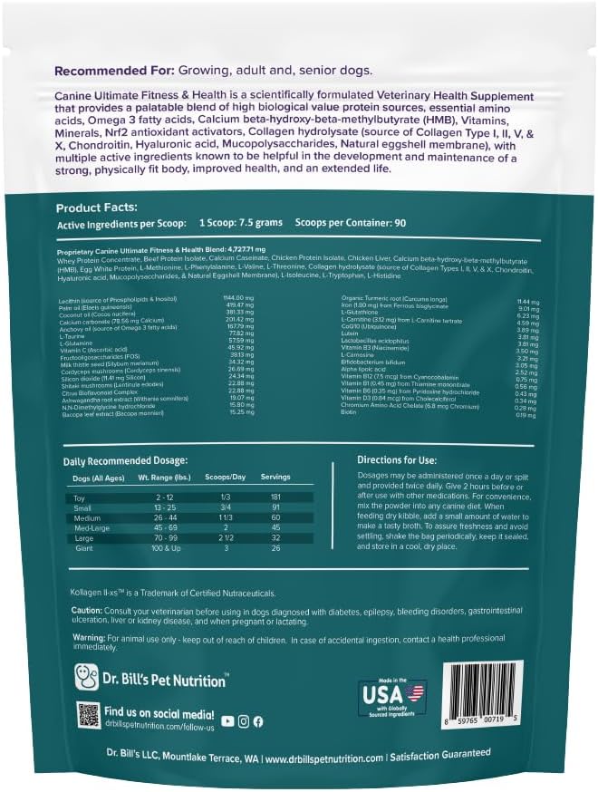 Dr. Bill’s Canine Ultimate Fitness & Health – Multivitamínico diario para perros para energía, longevidad y apoyo corporal total (680g)