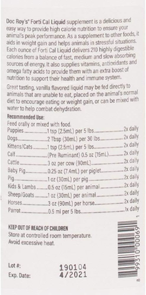 Doc Roy's Forti Cal Líquido - Suplemento Energético de Alto Contenido Calórico para Perros, Gatos, Caballos y Ganado, 1 Galón