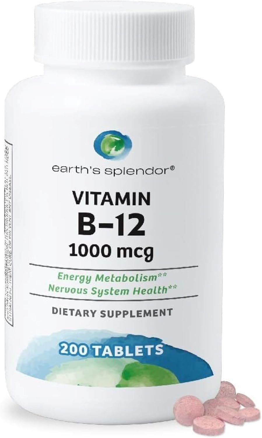 Earth's Splendor Energy + Muscle Support: Vitamina B12 (1000mcg) y Magnesio (500mg) - Sin Gluten, Sin Trigo, Sin Sabores Artificiales