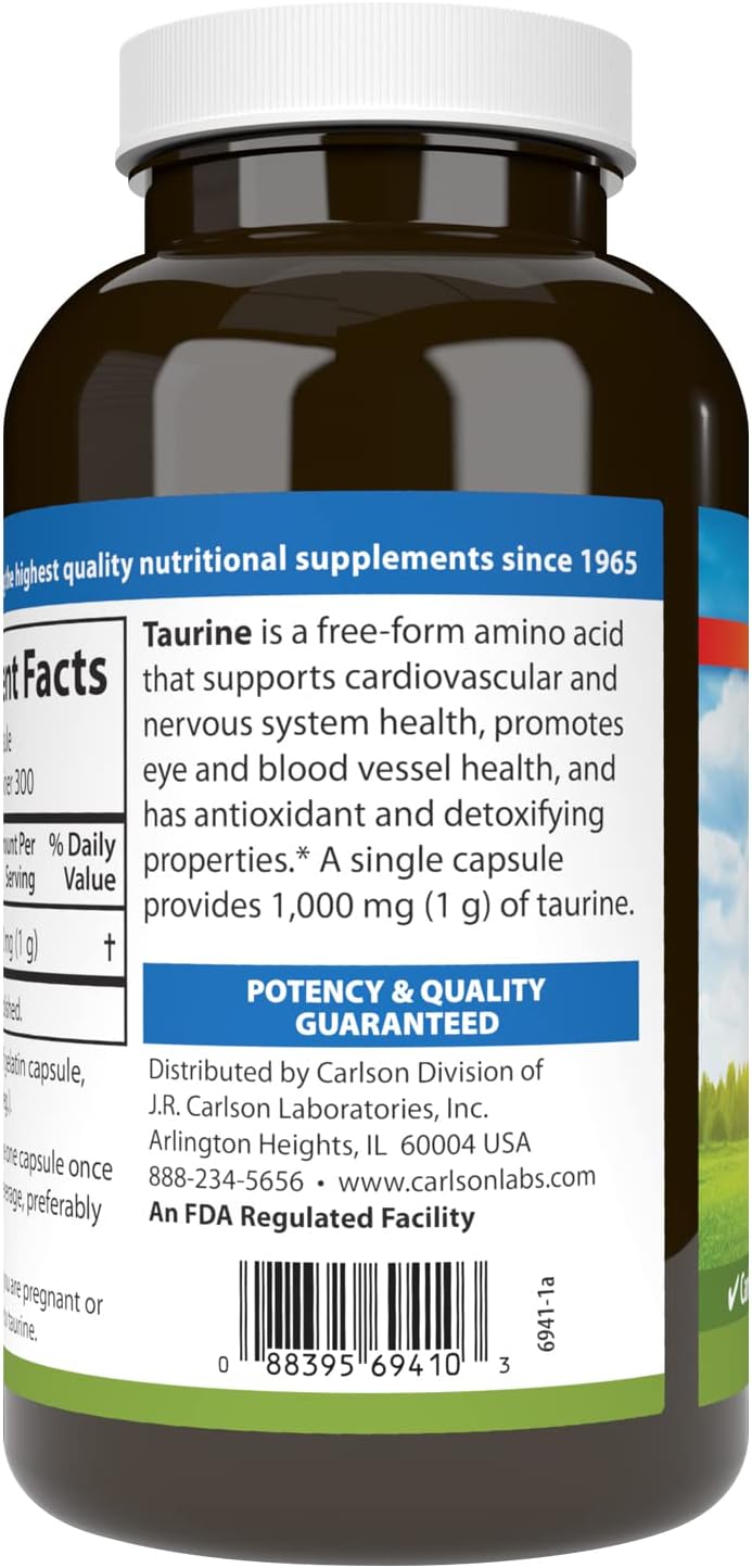 Carlson – Taurina, Aminoácido Libre, 1000 mg, 300 Cápsulas