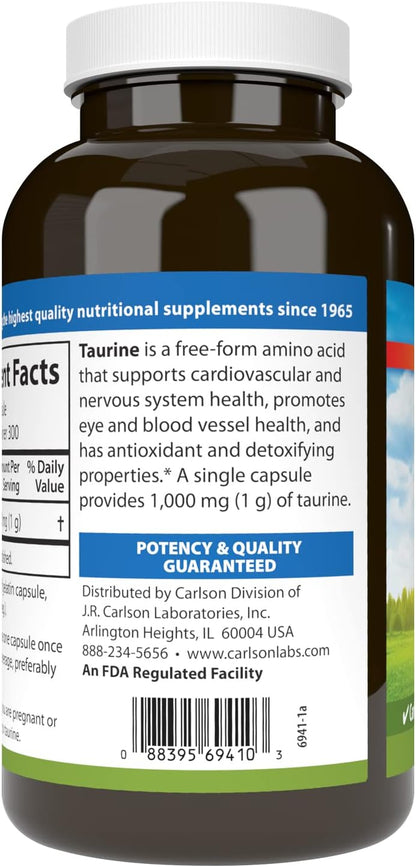 Carlson – Taurina, Aminoácido Libre, 1000 mg, 300 Cápsulas – Image 3