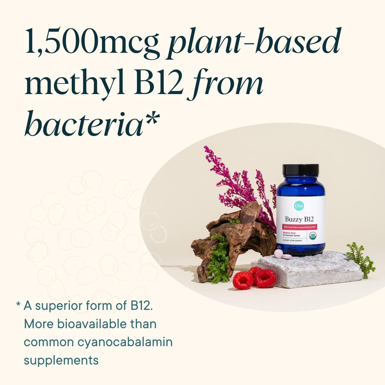 Ora Organic Vitamina B12 1500mcg - Metilcobalamina Vegetal - 30 Comprimidos Masticables Sabor Frambuesa