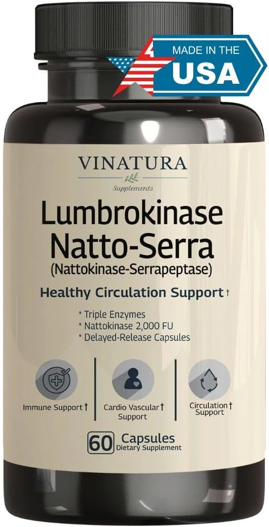 VINATURA Lumbrokinase Serrapeptase Nattokinase - 2000 FU, Enzimas para la Circulación Sanguínea, 60 Cápsulas