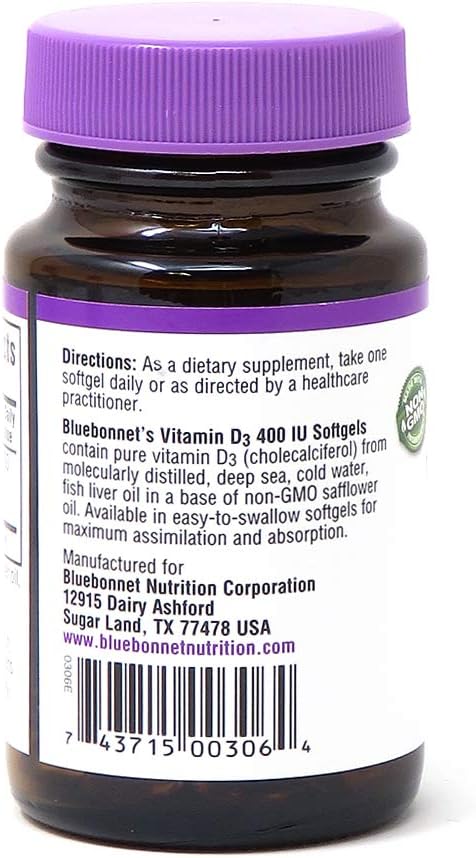 Bluebonnet Nutrition Vitamin D3 400 IU, 100 Softgels