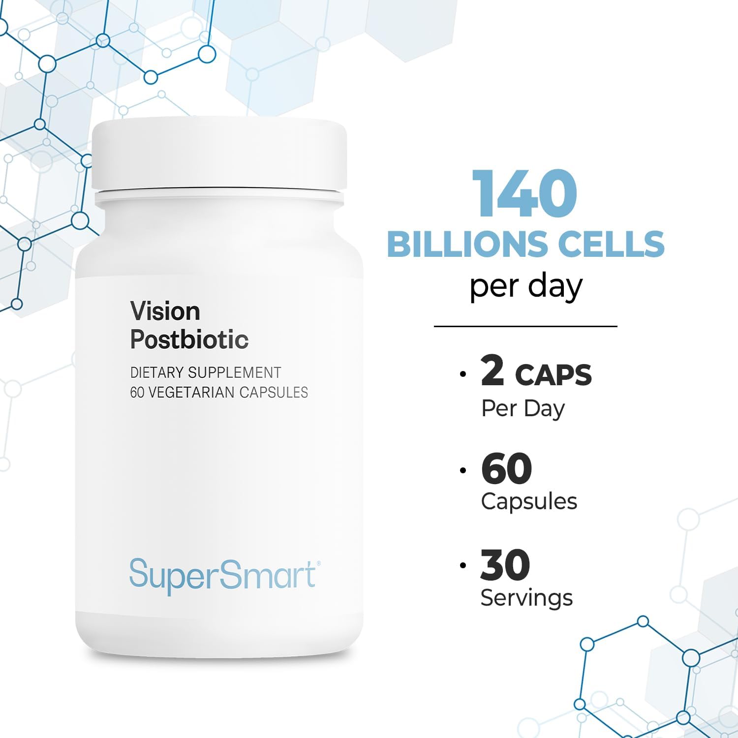 Supersmart Vision Postbiotic – 140 mil millones de células por día – Suplemento para la fatiga ocular – 60 cápsulas vegetarianas