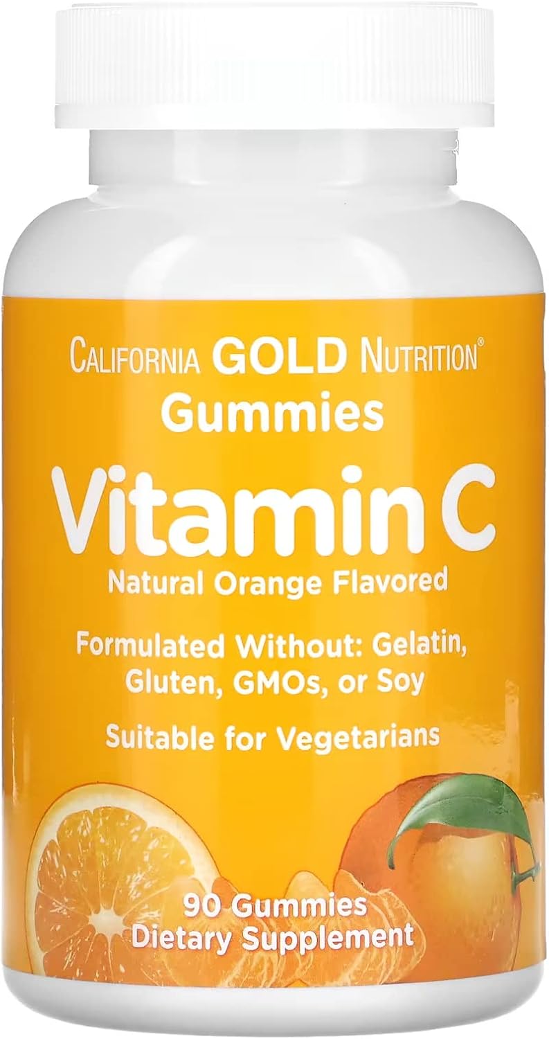 California Gold Nutrition Vitamin C Gummies, Sabor Naranja Natural, Sin Gelatina, 90 Gominolas, 2 Paquetes