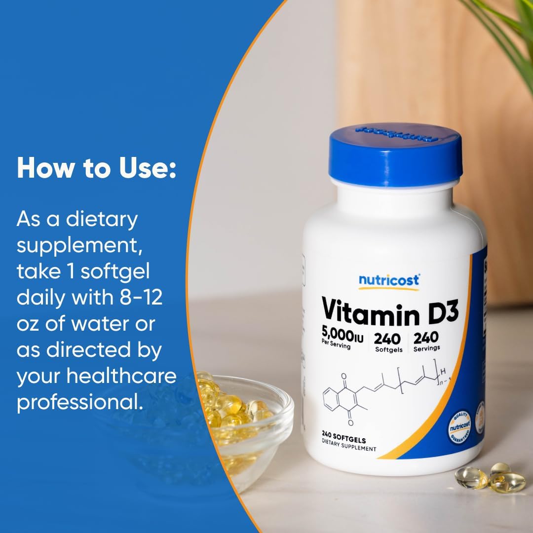 Nutricost Vitamina D3 5,000 UI (125 mcg), 240 Softgels - No GMO y Sin Gluten