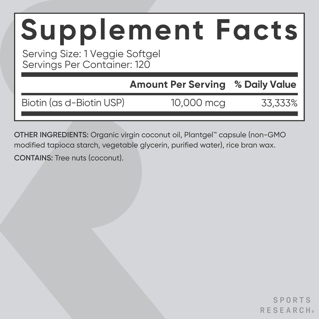 Sports Research Biotina 10.000 mcg con Aceite de Coco Orgánico - 120 Cápsulas Vegetales