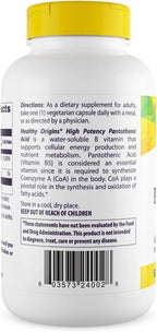 Healthy Origins Premium Vitamin B5 Pantothenic Acid 500 mg Cápsulas Veganas, Alta Concentración, Energía y Metabolismo, Cansancio y Fatiga, 240 cápsulas