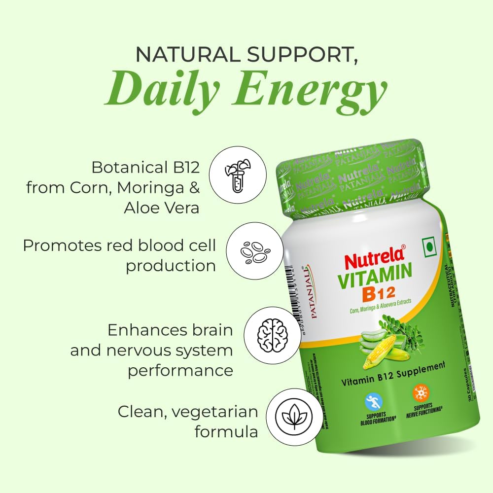 Nutrela Patanjali Vitamina B12 Biofermentada de Origen Vegetal con Moringa y Aloe Vera - 30 Cápsulas Vegetales (Pack de 2)