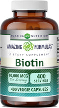 Amazing Formulas Biotina 10000 mcg Cápsulas Vegetales - Suplemento de Vitamina B7, Sin OGM, Sin Gluten, 400 Unidades