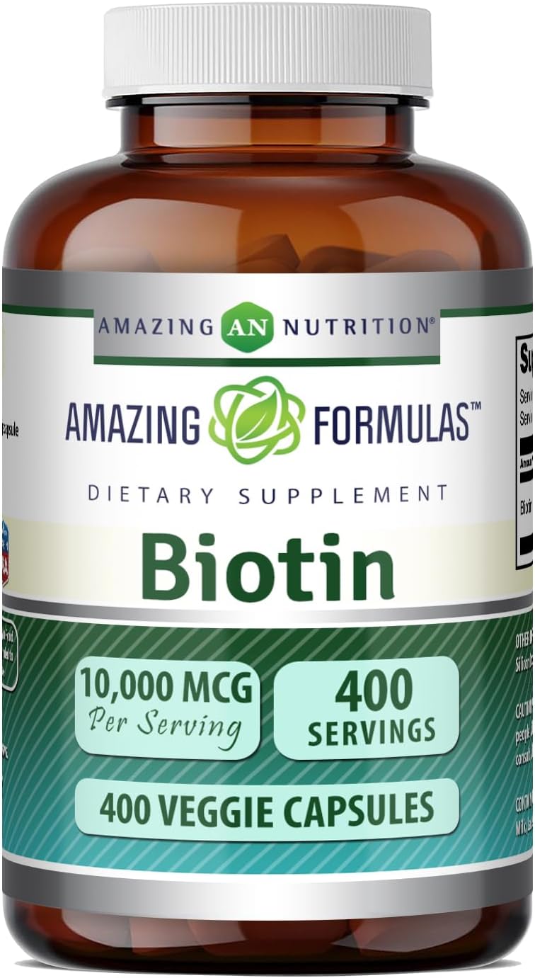 Amazing Formulas Biotina 10000 mcg Cápsulas Vegetales - Suplemento de Vitamina B7, Sin OGM, Sin Gluten, 400 Unidades