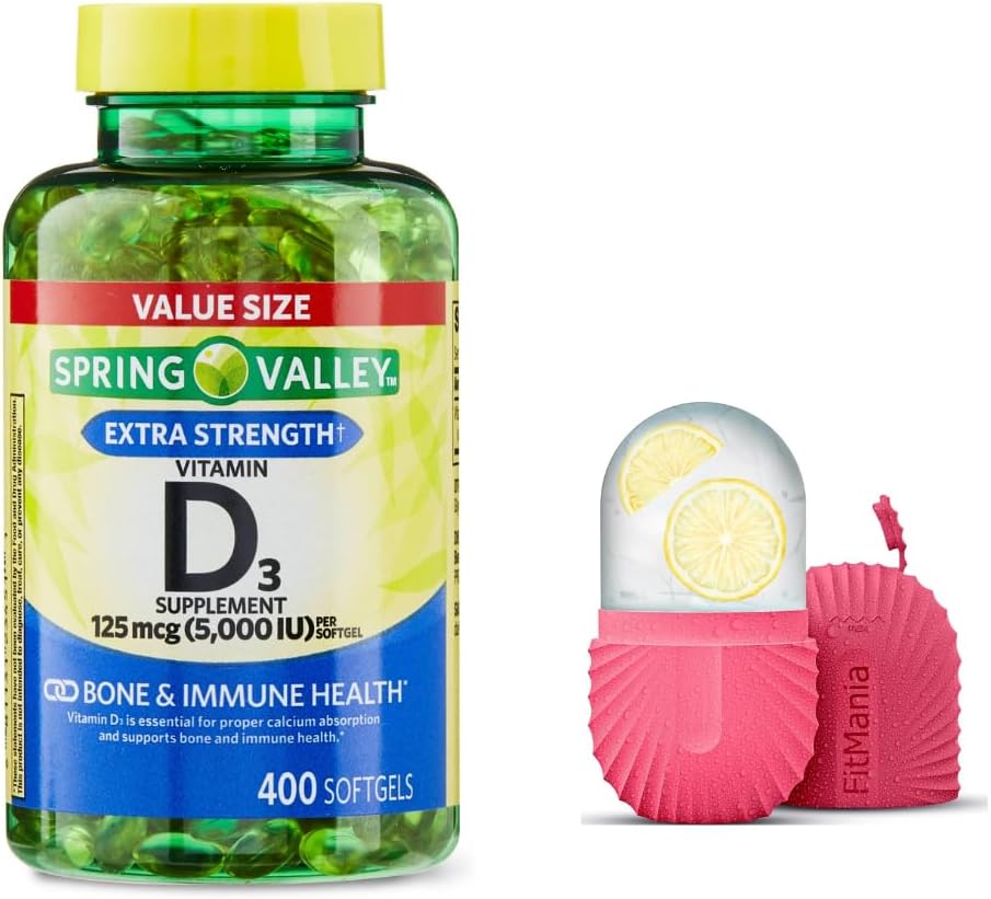 Vitamina D3 Spring Valley Cápsulas Blandas, 125 mcg por Cápsula, 5000 IU, 400 Unidades, y Regalo Masajeador de Hielo para Cara