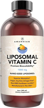 AMANDEAN Liposomal Vitamin C 1000mg 177ml - Suplemento Líquido de Vitamina C con Quali-C, Vegano, Sin Gluten