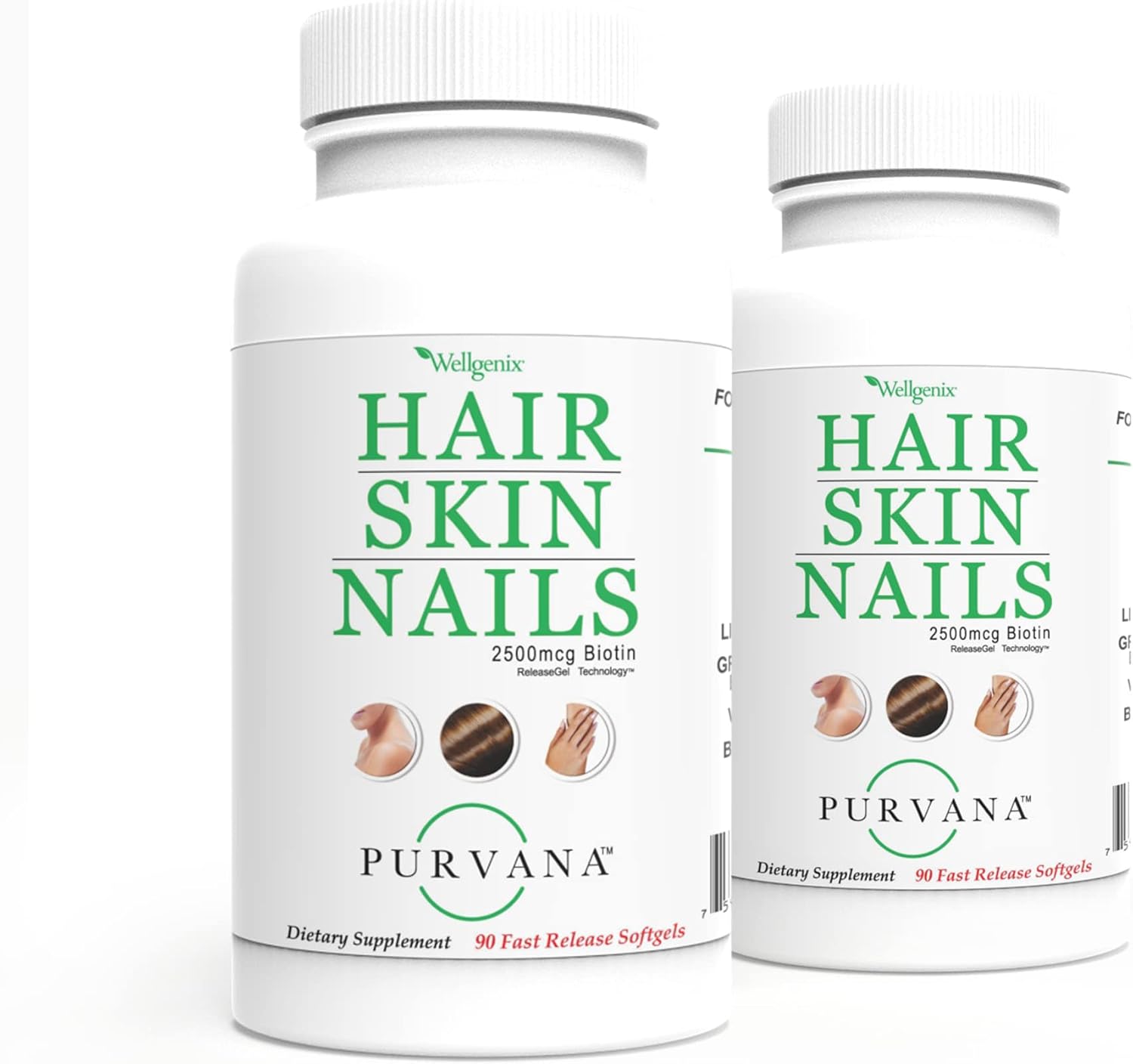 Wellgenix Purvana Suplemento para Cabello, Piel y Uñas, 2500mcg Biotina, MSM y Complejo B, 180 Cápsulas Blandas (2 Paquetes)