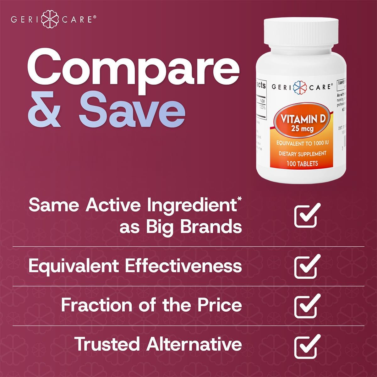 GeriCare Vitamina D 25 mcg (1000 UI) - 100 Comprimidos para Huesos e Inmunidad