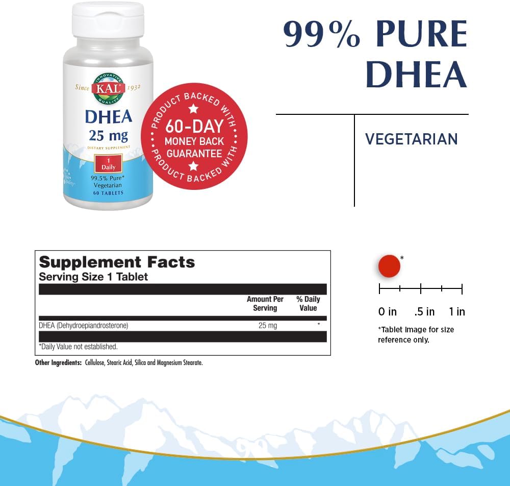 KAL DHEA Vegetarian Tablets - Dehydroepiandrosterone 25 mg, Micronized Formula, 60 Tablets