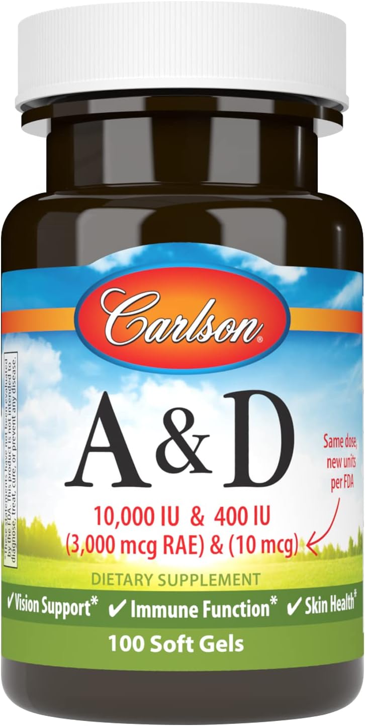Carlson A y D, 25000 UI (7500 mcg RAE) Vitamina A, 1000 UI (25 mcg) Vitamina D3, 100 Cápsulas Blandas