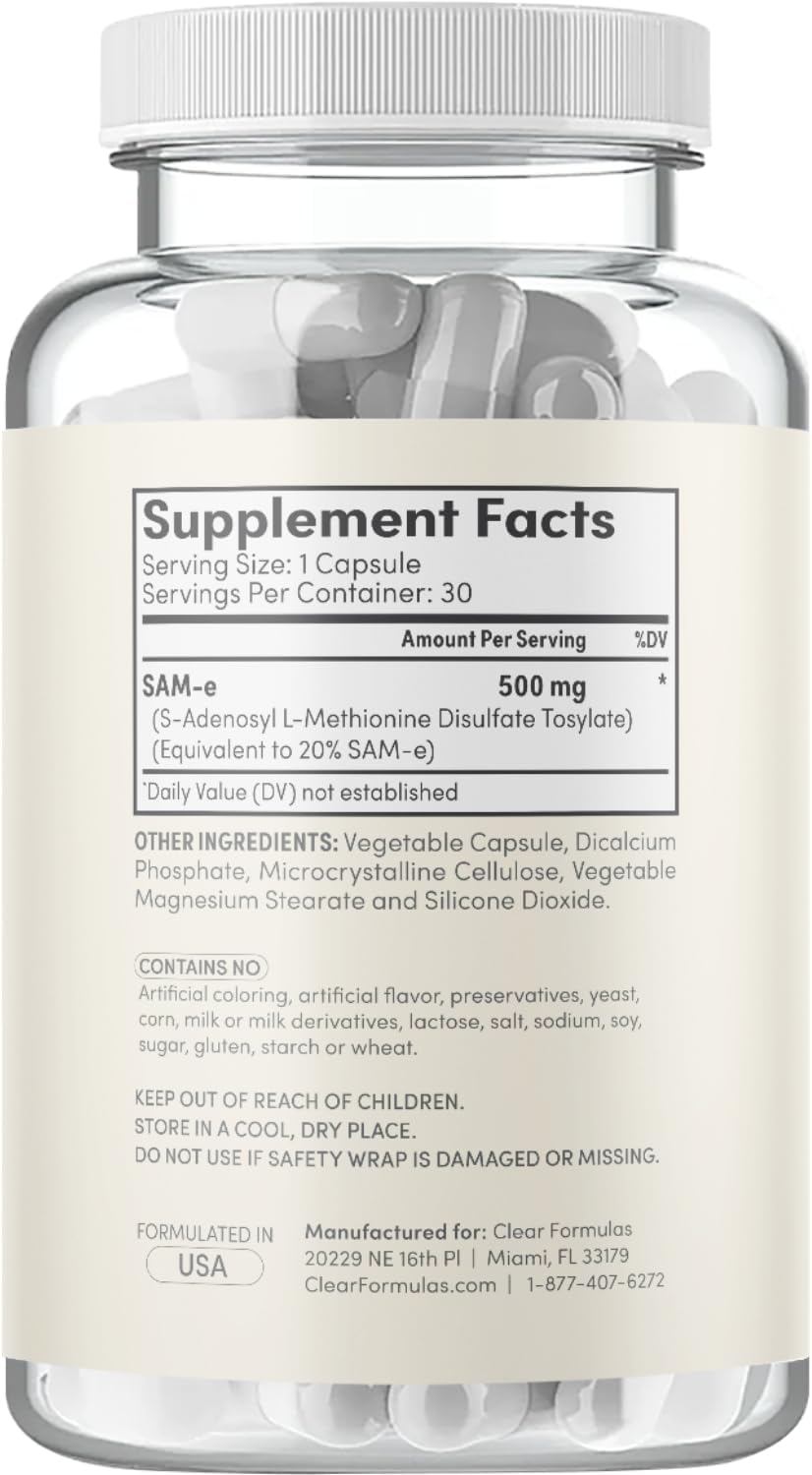Clear Formulas Bioactive SAM-e 500 mg - Suplemento de SAM-e de Alta Potencia con Forma Bioactiva S,S - Vegano, Sin Gluten - 30 Cápsulas