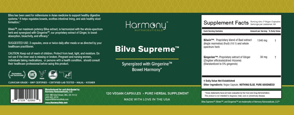 Harmony Nutraceuticals Bilva Supreme - Suplemento Ayurvédico para la Digestión con Jengibre - 120 Cápsulas Veganas