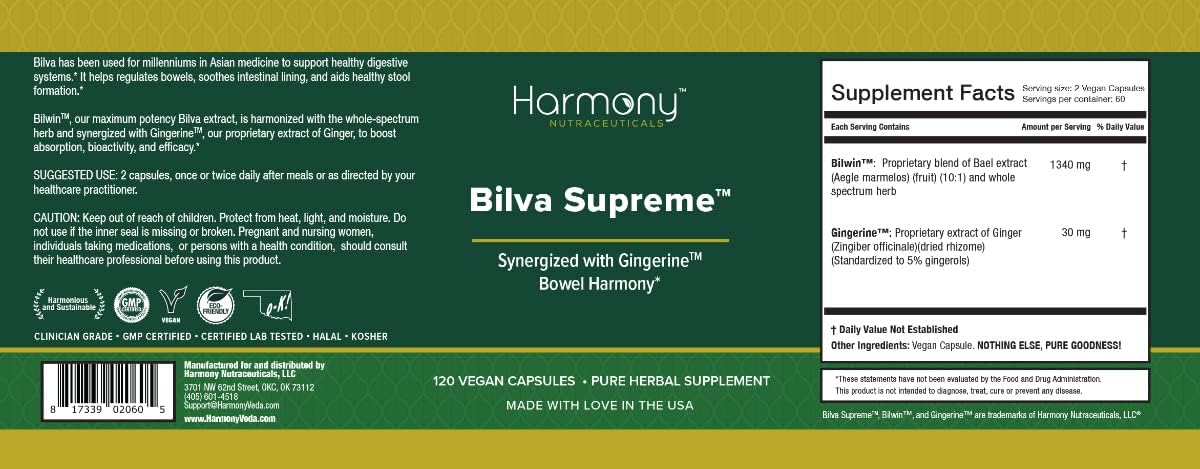 Harmony Nutraceuticals Bilva Supreme - Suplemento Ayurvédico para la Digestión con Jengibre - 120 Cápsulas Veganas
