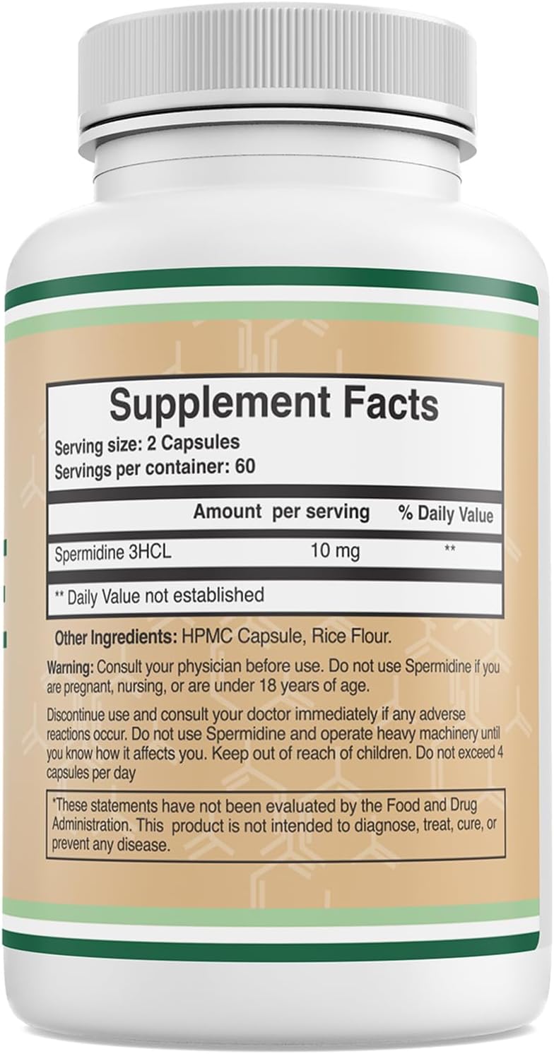 Suplemento de Espermidina (10mg de Espermidina 3HCL 99% Pura) - 120 Cápsulas - Double Wood