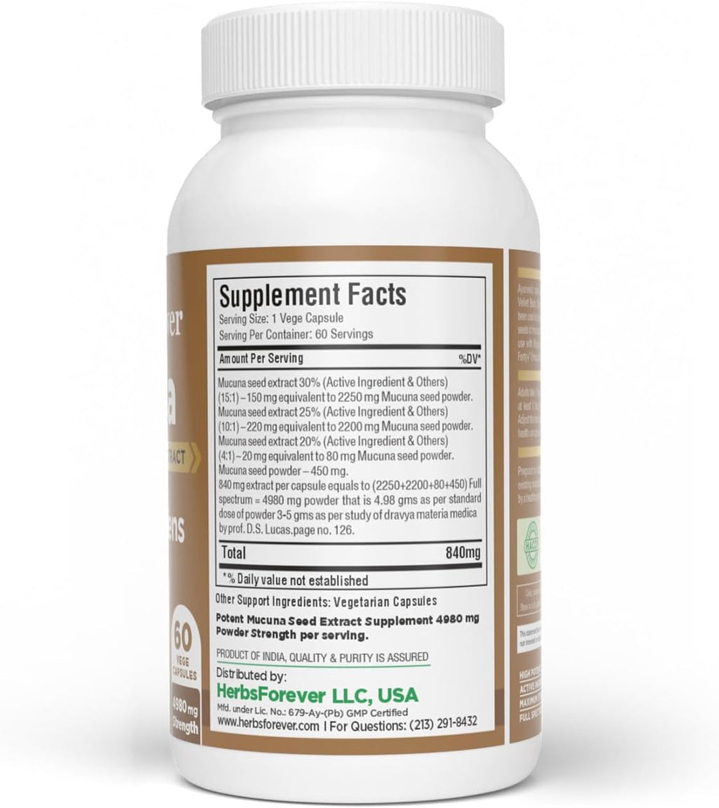 Herbsforever Mucuna Pruriens (Frijol Terciopelo) Extracto Extra Fuerte 15:1 - 60 Cápsulas Veganas