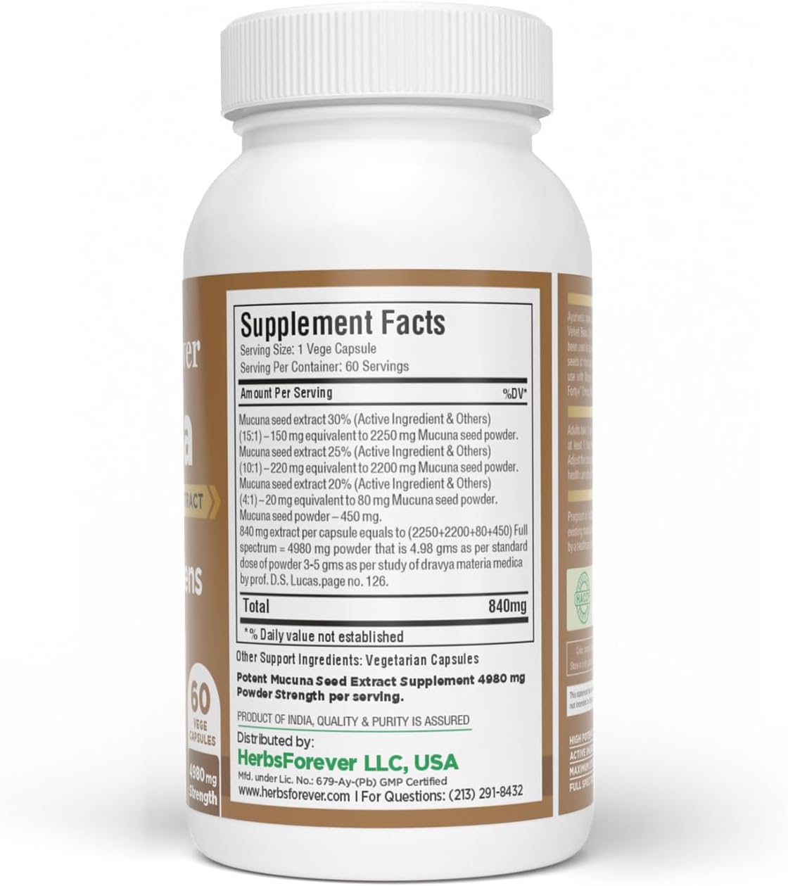 Herbsforever Mucuna Pruriens (Velvet Bean) - Extracto Extra Fuerte (15:1), 30% L-Dopa - 60 Cápsulas Veganas