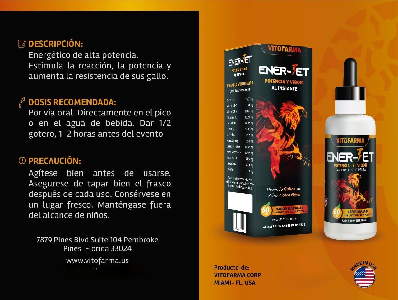 VITOFARMA Ener-Jet Energy Booster para Gallos - Multivitamínico Líquido Natural 60 ml