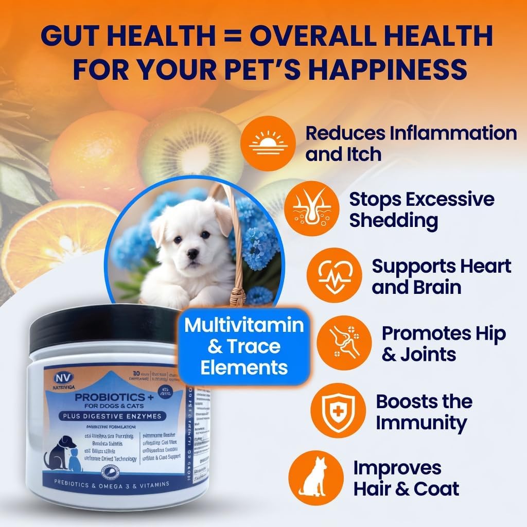 Probióticos liofilizados para perros - Apoya la salud digestiva, piel, alergias e inmunidad - con enzimas digestivas, omega-3, zinc y prebióticos - 120 masticables sabor pollo