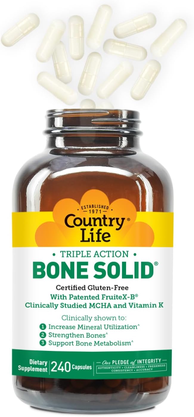 Country Life Bone Solid - Suplemento para la salud ósea con MCHA, Calcio, Magnesio, Zinc, Vitaminas K2 y D3 - 240 cápsulas