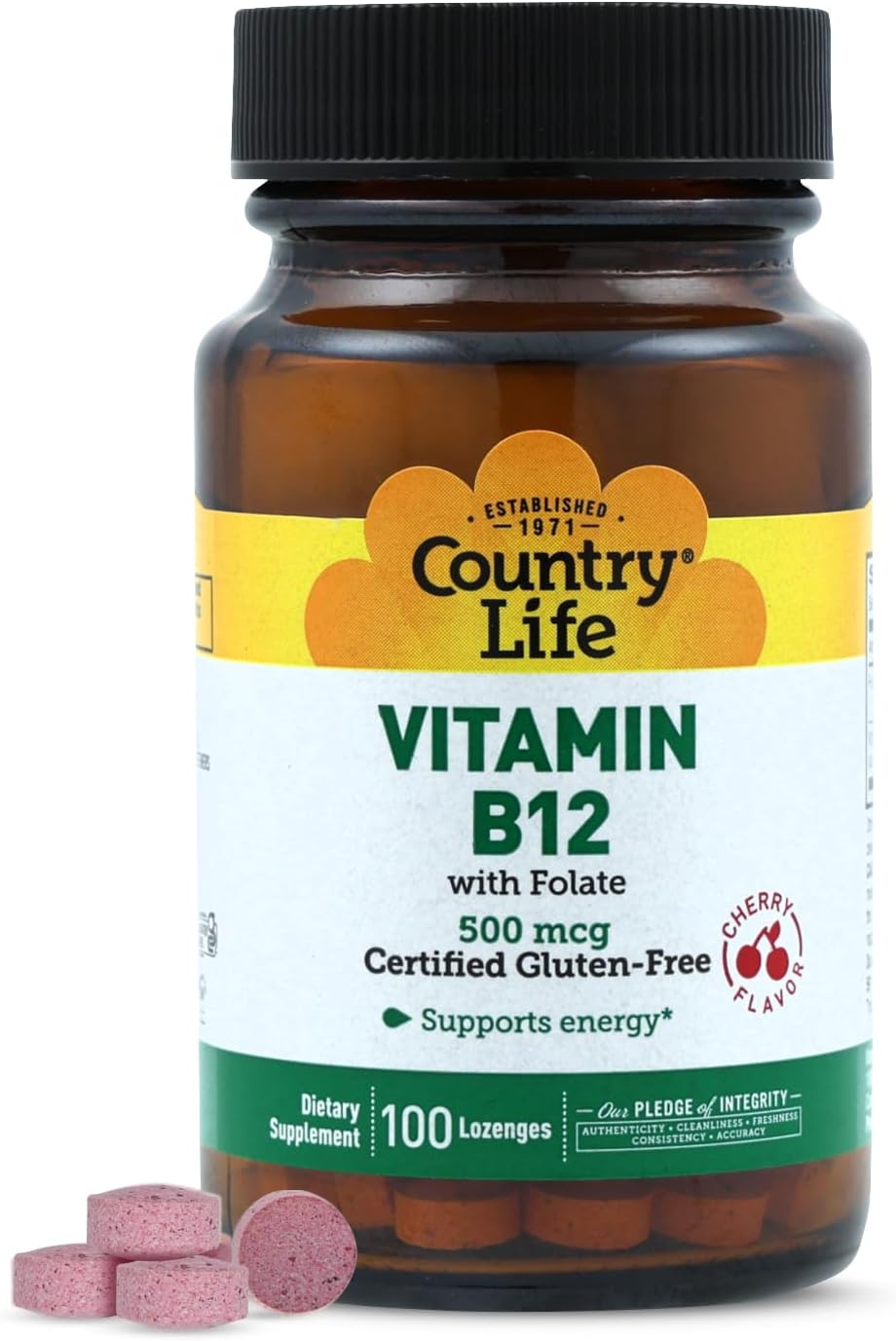 Country Life Vitamina B12 con Folato, 500mcg, 100 Comprimidos