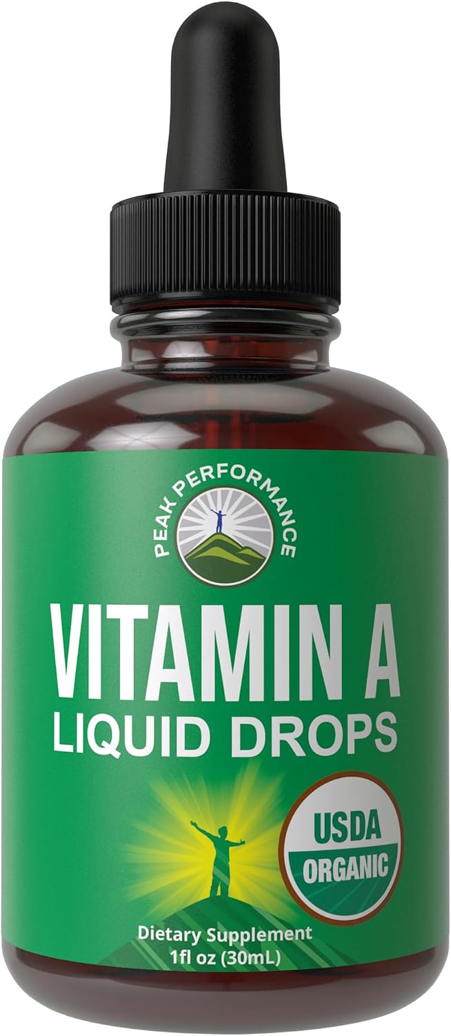 Peak Performance Gotas Líquidas Orgánicas de Vitamina A - Suplemento Vegano con Retinil Palmitato de Alta Biodisponibilidad - Sin Gluten, Sin Azúcar - 30 ml
