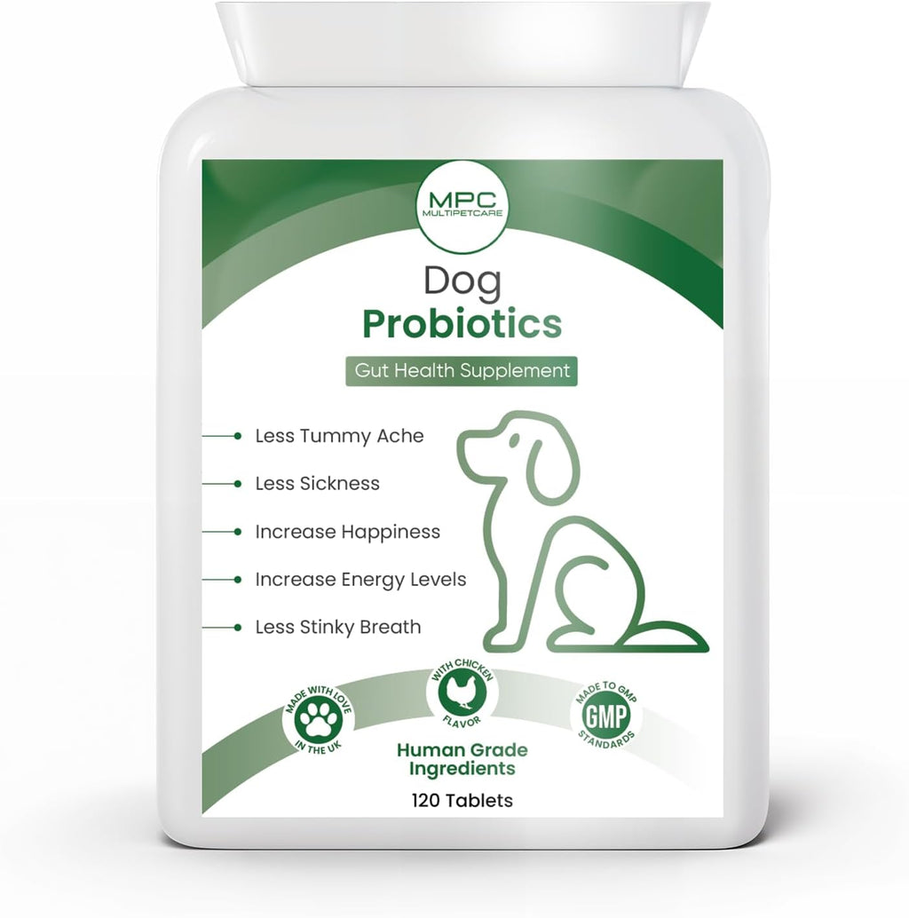 Multipetcare Probióticos para Perros – 5 Cepas, 2 Mil Millones UFC + Enzimas Digestivas y Prebióticos | Salud Digestiva, Heces Firmes, Menos Gases | con Vitaminas del Grupo B | Sabor a Pollo | 120 Comprimidos