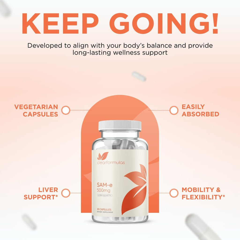 Clear Formulas Bioactive SAM-e 500 mg - Suplemento de SAM-e de Alta Potencia con Forma Bioactiva S,S - Vegano, Sin Gluten - 30 Cápsulas