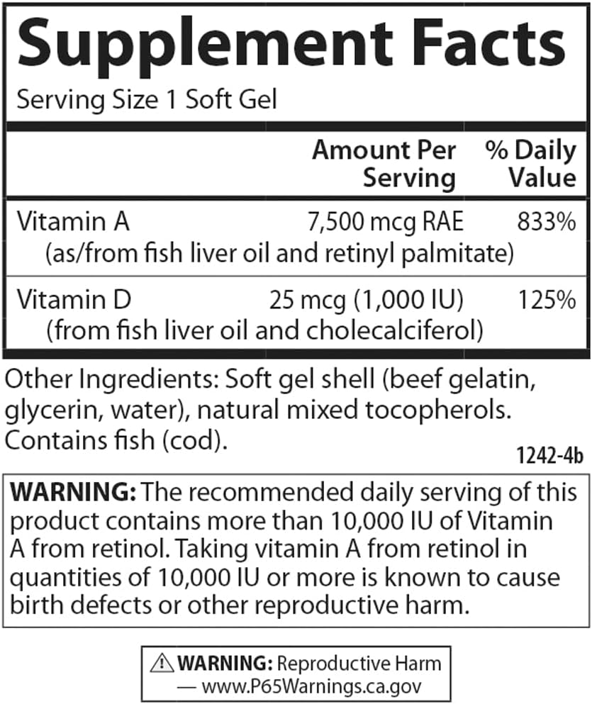 Carlson A y D, 25.000 UI de Vitamina A y 1.000 UI de Vitamina D3, 250 Cápsulas Blandas