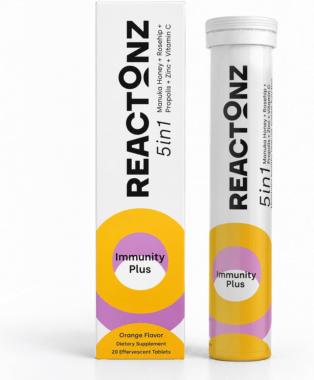 REACTONZ 5 in 1 Immunity Plus – Immune Support & Antioxidant Supplement – Vitamin C, Zinc, Manuka Honey, Rosehip & Propolis – Natural Zesty Orange Flavor – 20 Day Supply Effervescent Tablets