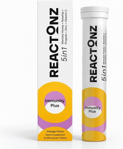 REACTONZ 5 in 1 Immunity Plus – Immune Support & Antioxidant Supplement – Vitamin C, Zinc, Manuka Honey, Rosehip & Propolis – Image 1